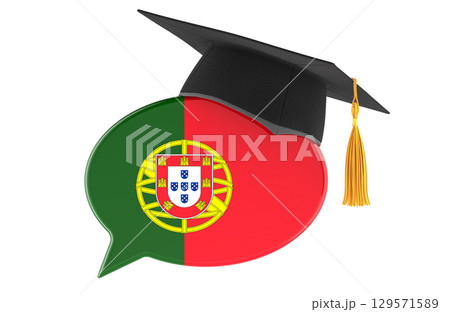 Portugal flag speech bubble with graduation cap, language learning concept. 3D rendering 129571589