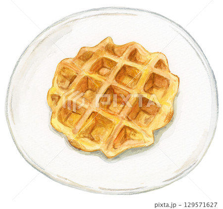 水彩手描きワッフルイラスト ベルギーワッフル 白い皿の朝食・デザート素材 129571627