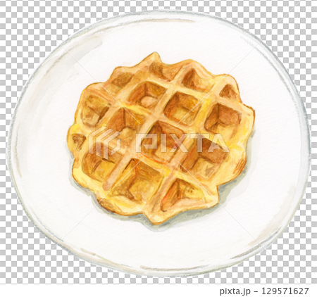 水彩手描きワッフルイラスト ベルギーワッフル 白い皿の朝食・デザート素材 129571627