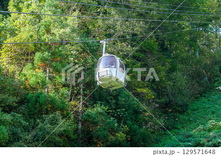 Happo Alpen Line Nature trail, Hakuba, Nagano, Japan, Cable car above lush greenery 129571648