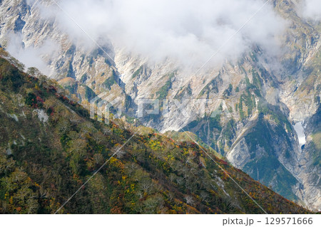 Happo Alpen Line Nature trail, Hakuba, Nagano, Japan, Mountain landscape with clouds and autumn colors 129571666