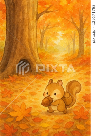 どんぐりを運ぶリスと秋の大きな木（絵本風）のイラスト素材