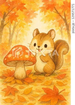 大きなキノコにびっくりするリス（秋の出会い） 129571771