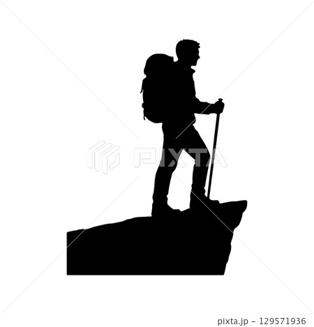hiker standing on cliff silhouette on white background mountain trekking adventure moment hiker standing on cliff silhouette on white background mountain trekking adventure moment 129571936