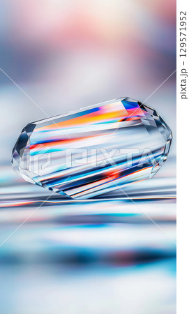 Colorful faceted gemstone with rainbow reflections on soft focus background Colorful faceted gemstone with rainbow reflections on soft focus background 129571952