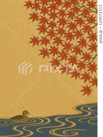 紅葉と鴨の日本画 129572313