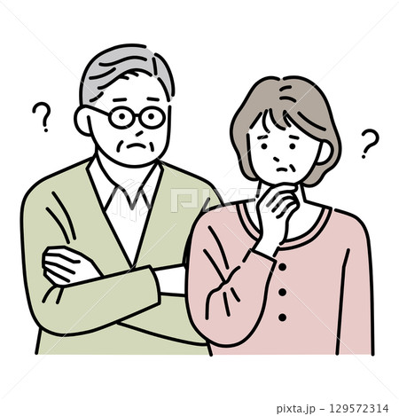 疑問や悩みを持つシニア夫婦 129572314