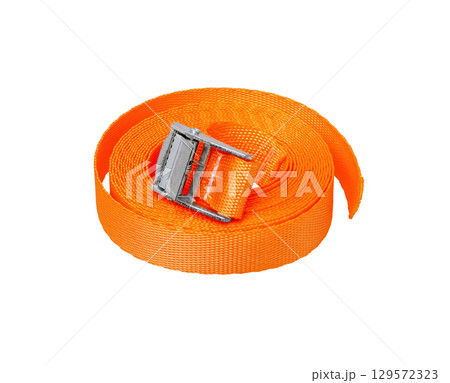 Trailer strop or strap  with  metal tie isolated on white. Cargo restraint strap 129572323