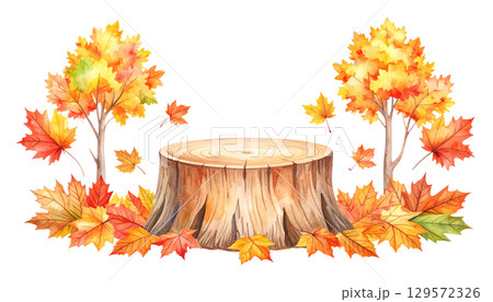 秋のイラスト素材(切り株、水彩テクスチャ) 秋のイラスト素材(切り株、水彩テクスチャ) 129572326