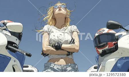ライダーズカフェで一息、バイクを眺める女性ライダー 129572380