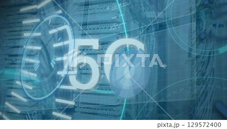 Image of infographic interface with circles and 5g text over server room Image of infographic interface with circles and 5g text over server room 129572400