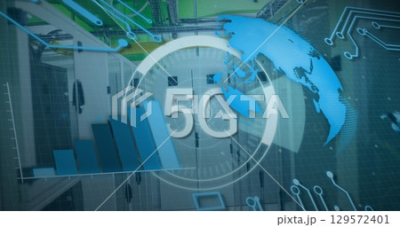 Image of 5g text banner, spinning globe and data processing against computer server room Image of 5g text banner, spinning globe and data processing against computer server room 129572401