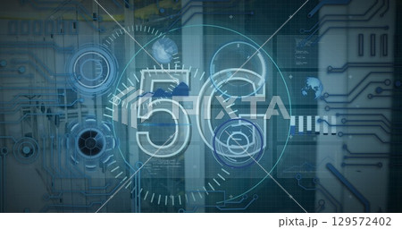 Image of 5g text banner, microprocessor connections and data processing against server room 129572402