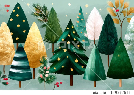 Christmas trees with golden stars creating a festive atmosphere 129572611