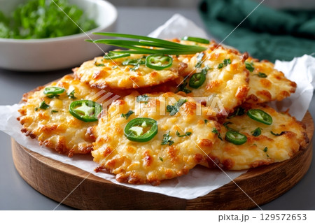 Crispy cheese chips with jalapeno and herbs resting on wooden board Crispy cheese chips with jalapeno and herbs resting on wooden board 129572653