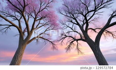 Two trees growing together under a colorful sky at sunset 129572784