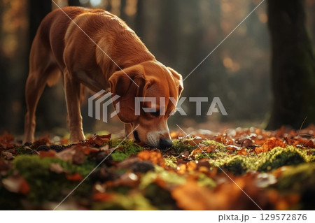 Curious beagle dog sniffing ground in autumn forest 129572876