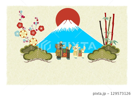 年賀2026チャグチャグ馬コ富士山背景 年賀2026チャグチャグ馬コ富士山背景 129573126