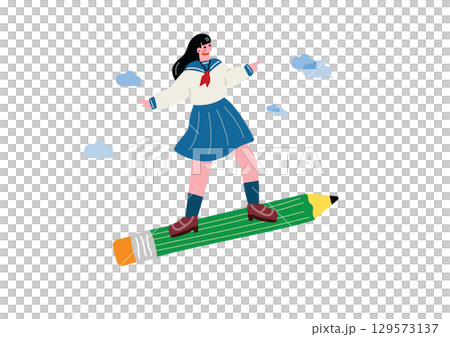 鉛筆に乗って飛び立つ女子高生 129573137