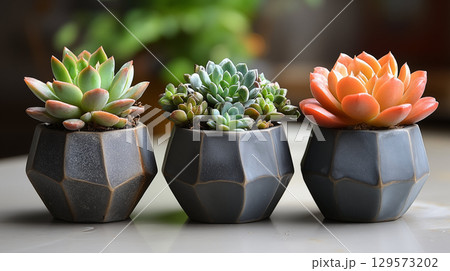 Colorful succulents in geometric planters: Modern indoor gardening 129573202