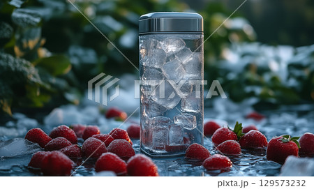 Icy glass tumbler with fresh strawberries, refreshing summer drink concept 129573232