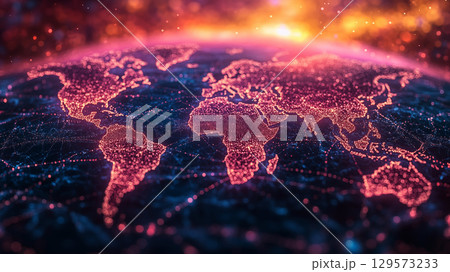 Illuminated world map glowing with interconnected networks. Concept of global connectivity and digital transformation 129573233