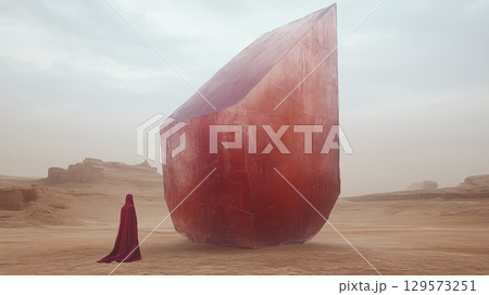 Mysterious figure in red cloak facing giant crystal formation in desert landscape Mysterious figure in red cloak facing giant crystal formation in desert landscape 129573251
