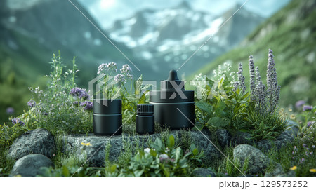 Natural skincare products in alpine meadow, eco-friendly beauty concept Natural skincare products in alpine meadow, eco-friendly beauty concept 129573252