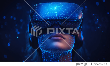 Person wearing virtual reality headset illuminated by cosmic lights. Concept of immersive technology and digital exploration Person wearing virtual reality headset illuminated by cosmic lights. Concept of immersive technology and digital exploration 129573253