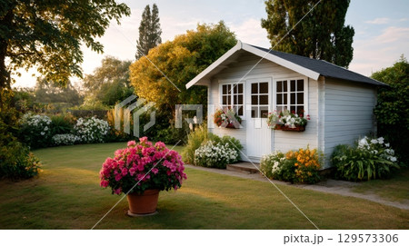 Beautiful white wooden shed in a flowering garden during sunset 129573306