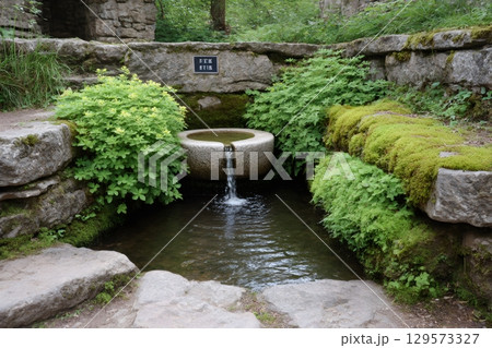 Fresh water flowing from a stone fountain in a peaceful garden 129573327