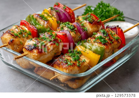 Grilled chicken skewers with bell peppers and red onion, garnished with fresh parsley 129573378