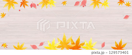 板(ウッドデッキ)の上の紅葉の葉、秋のイメージの背景イラスト 板(ウッドデッキ)の上の紅葉の葉、秋のイメージの背景イラスト 129573401