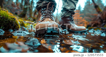 Hunter walking through water in forest wearing hiking boots 129573533
