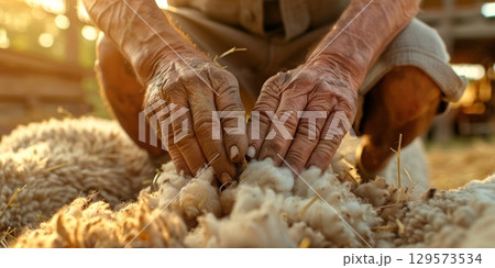 Farmer examining raw wool from sheared sheep in golden sunlight 129573534