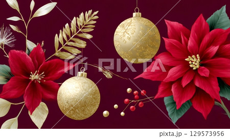 Christmas poinsettias and golden ornaments hanging on dark red background Christmas poinsettias and golden ornaments hanging on dark red background 129573956