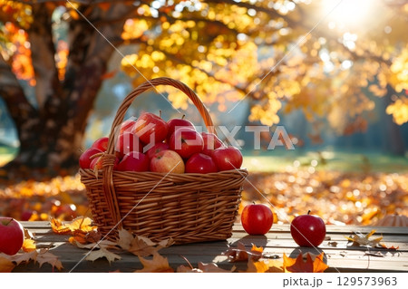 Wicker basket full of red apples sitting on wooden table in autumnal park 129573963