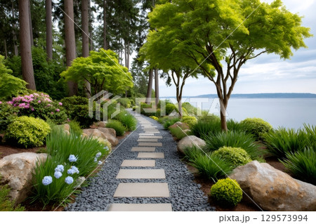 Stone path winding through lush garden overlooking Puget Sound 129573994