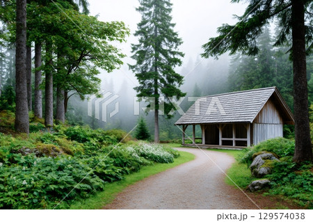 Gravel road leading through a misty forest to a wooden hut 129574038
