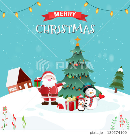 Merry Christmas and Happy New Year greeting card with participation of Santa Claus, snowman and christmas tree.  129574100