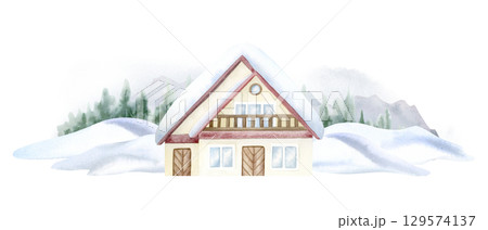 Winter wooden house in forest and mountains watercolor illustration isolated on white. Tourist landscape with chalet in snowdrifts clip art. Vintage cabin in snow horizontal banner with lodge building 129574137