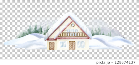 Winter wooden house in forest and mountains watercolor illustration isolated on white. Tourist landscape with chalet in snowdrifts clip art. Vintage cabin in snow horizontal banner with lodge building 129574137