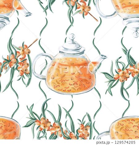 Seamless pattern with branches of ripe, juicy sea buckthorn and a teapot with tea. Watercolor illustration for packaging design, printing on fabric and kitchen textiles, dishes. 129574205