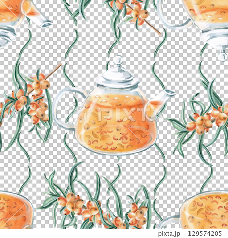 Seamless pattern with branches of ripe, juicy sea buckthorn and a teapot with tea. Watercolor illustration for packaging design, printing on fabric and kitchen textiles, dishes. 129574205
