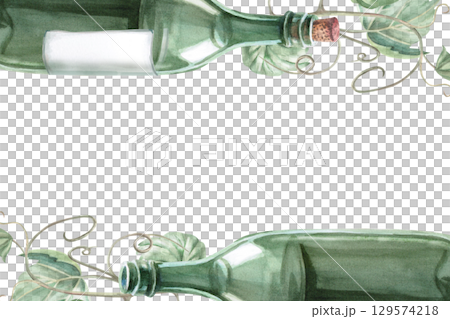 Rectangular frame with wine bottles and grapevine. Isolated watercolor illustration for wine list design, tasting invitations, postcards, packaging, culinary blogs and magazines. 129574218
