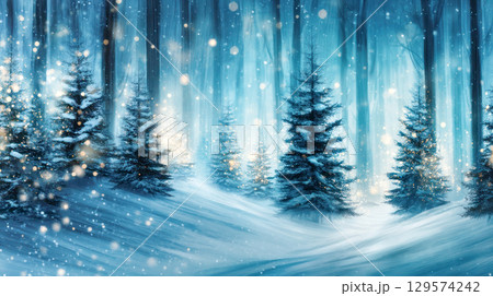 Winter forest landscape with snow-covered trees and soft snowfall creating a serene atmosphere, ideal for seasonal and holiday-themed designs 129574242