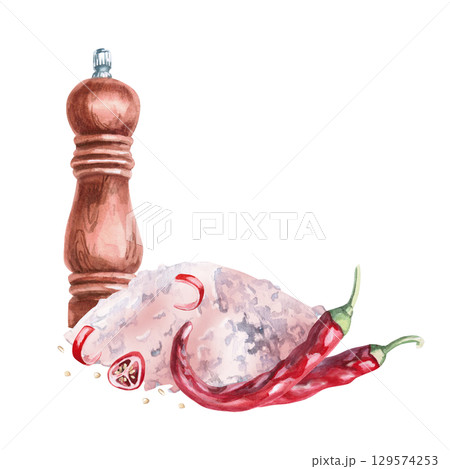 Wooden mill, hot pepper and pink salt. Isolated watercolor illustration for cookbook design, menu, postcard printing, clothing, culinary blog design. 129574253