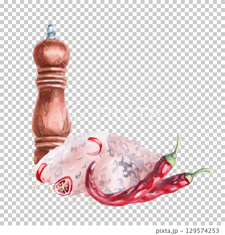 Wooden mill, hot pepper and pink salt. Isolated watercolor illustration for cookbook design, menu, postcard printing, clothing, culinary blog design. 129574253