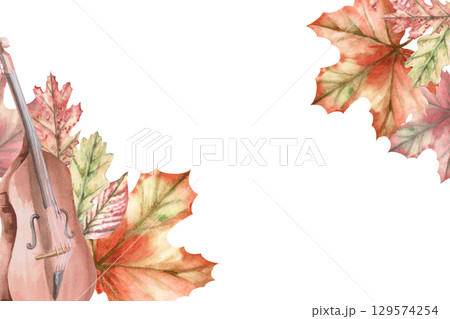 Rectangular frame with double bass and maple leaves. Isolated watercolor illustration of a musical instrument in a realistic style for decorating invitations, labels, cards and posters. Rectangular frame with double bass and maple leaves. Isolated watercolor illustration of a musical instrument in a realistic style for decorating invitations, labels, cards and posters. 129574254