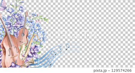Rectangular frame with 4 musical instruments in flowers. Isolated watercolor illustration of a musical instrument in a realistic style for decorating invitations, labels, cards and posters. 129574266